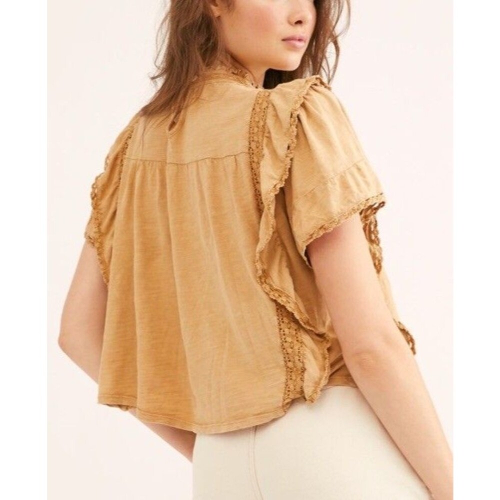 Free People Size XL Le Femme Gold Ruffle Pintuck Blouse